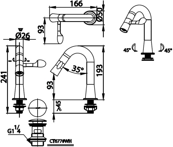 Bản vẽ kỹ thuật vòi chậu rửa mặt CT1301C43VR Cotto