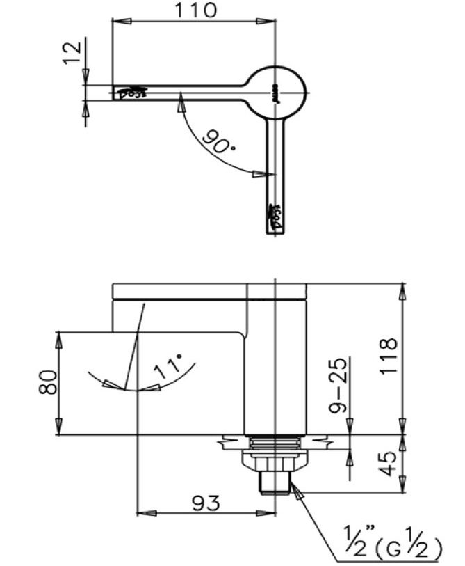 Bản vẽ kích thước Vòi lạnh Cotto CT 1052