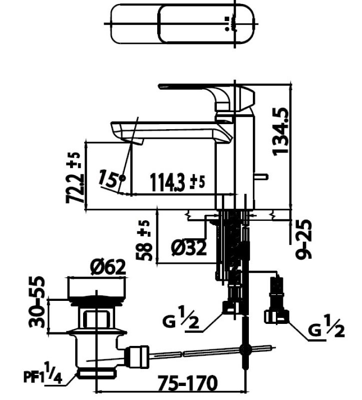 Bản vẽ kỹ thuật vòi chậu rửa mặt CT2123A#WH Cotto