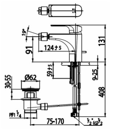 kích thước vòi lavabo nóng lạnh Cotto CT 2143A 