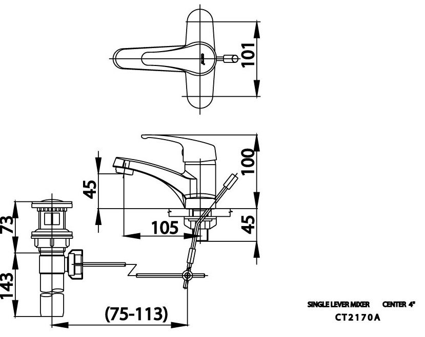 Bản vẽ kích thước chậu 3 lỗ cotto CT2170A nóng lạnh