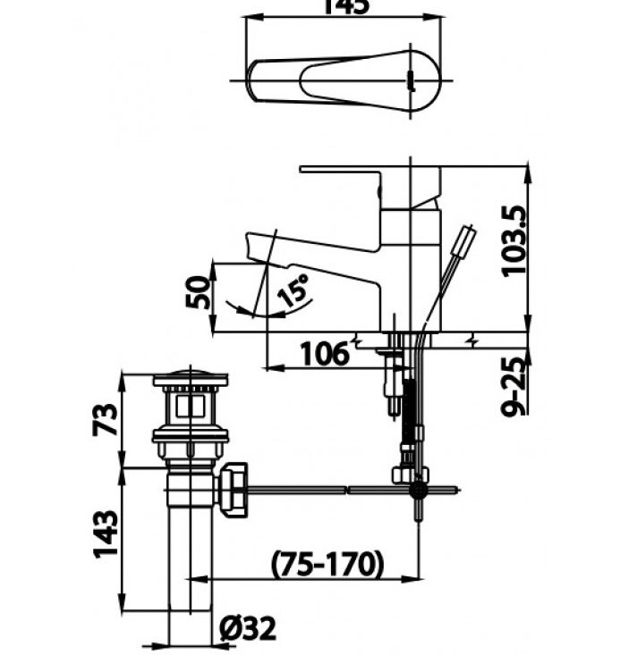 Bản vẽ kỹ thuật Vòi lavabo Cotto CT2174AE(HM)