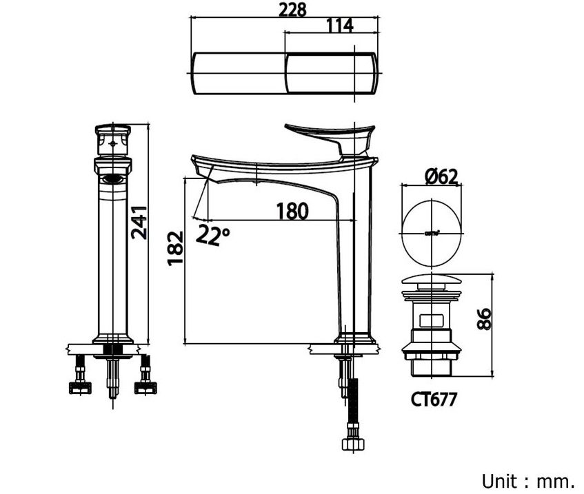 Bản vẽ kỹ thuật vòi chậu rửa mặt thân cao CT 2252A CRG Cotto