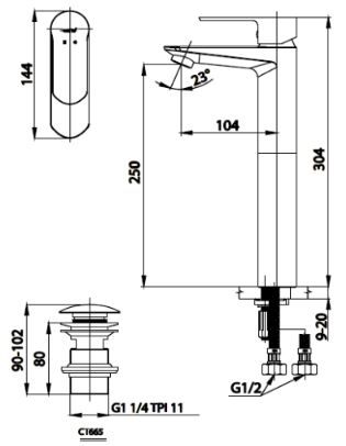 Bản vẽ kích thước vòi chậu rửa mặt CT2402AY Cotto