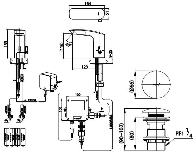 Bản vẽ kích thước vòi cảm ứng dùng Pin CT4918DC Cotto