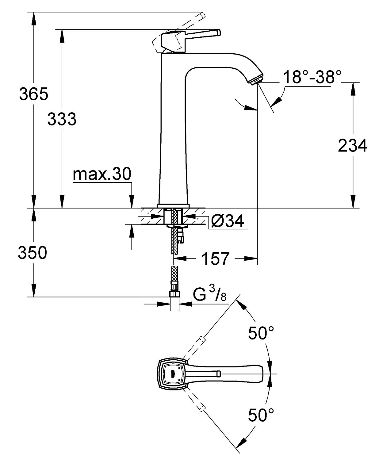 Bản vẽ kỹ thuật vòi lavabo 23313IGO Grohe Grandera size XL