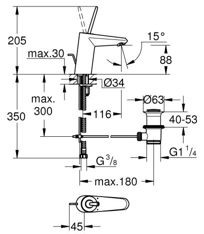 Bản vẽ kích thước vòi lavabo 23427000 Grohe EUD Joystick OHM