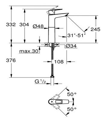 Bản vẽ kich thước vòi lavabo 32856001 Grohe BauLoop