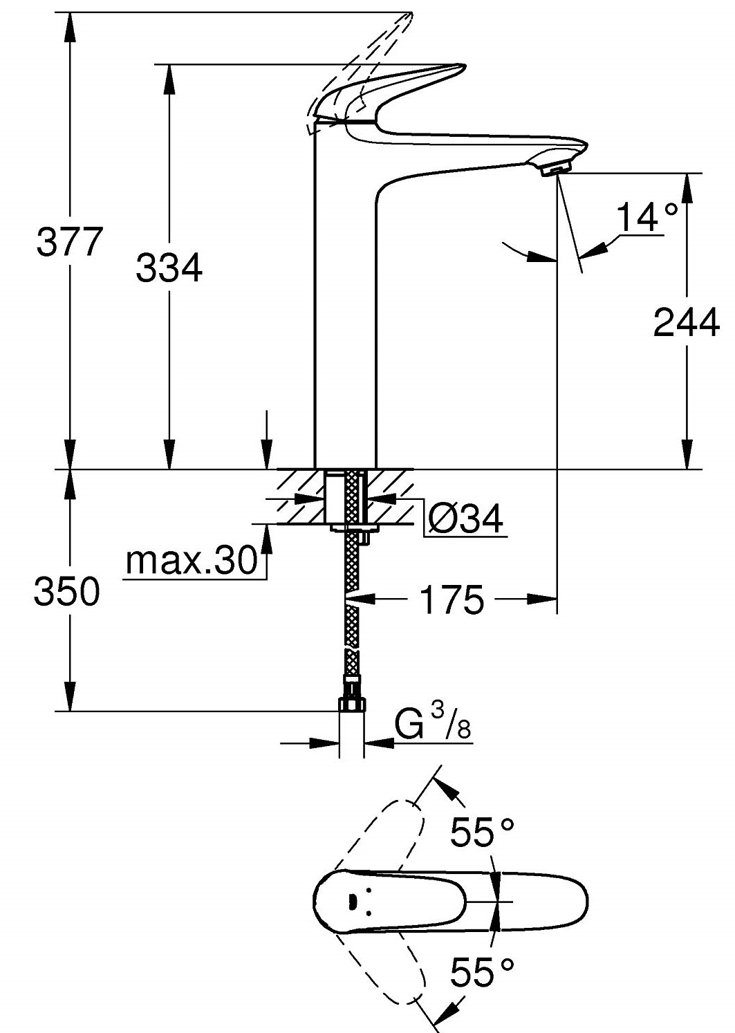 Bản vẽ kỹ thuật vòi lavabo 23719003 Grohe Eurostyle size XL