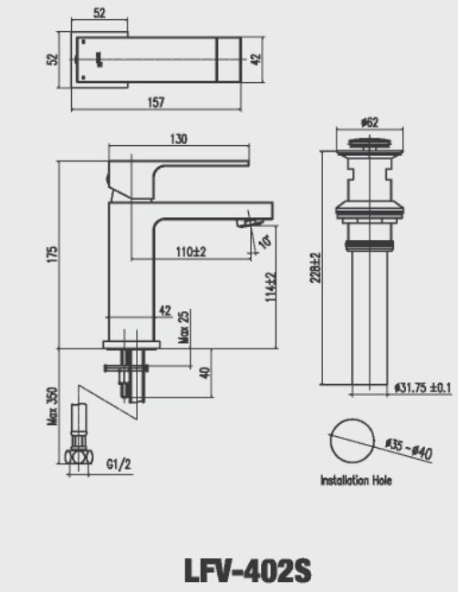 Bản vẽ vòi rửa tay Inax LFV 402S gật gù nóng lạnh