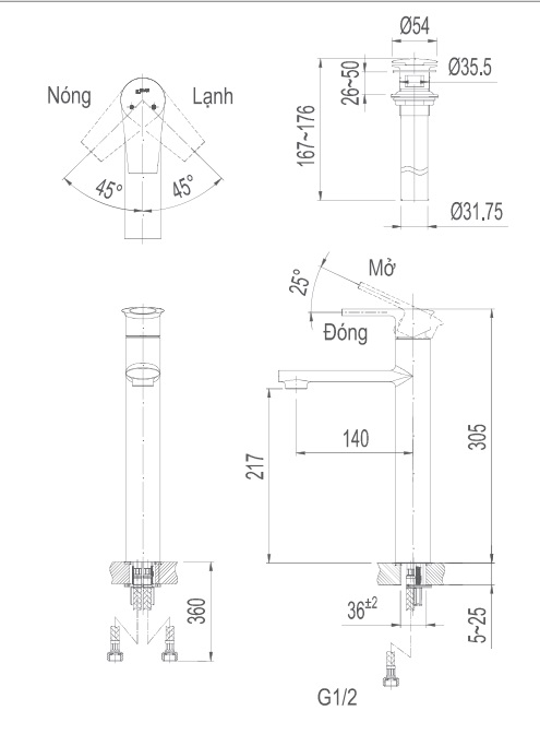 Bản vẽ kỹ thuật vòi lavabo nóng lạnh INAX LFV-7100SH