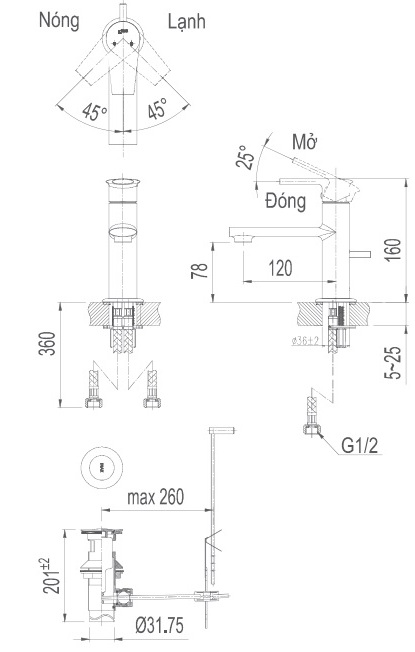 Bản vẽ kỹ thuật vòi lavabo nóng lạnh inax LFV-7102S