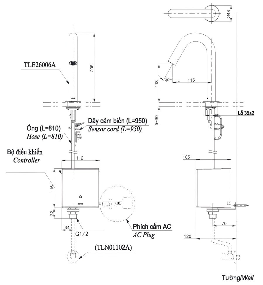 Bản vẽ kích thước vòi TOTO TLE26006A-TLE01502A1-TLN01102A 220V