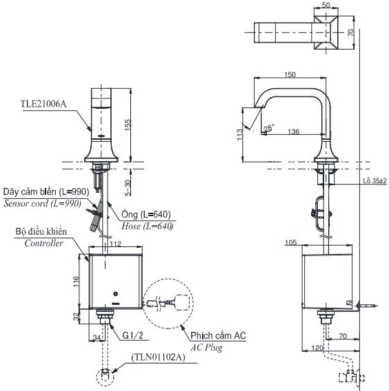 Bản vẽ vòi tự động TOTO TLE21006A