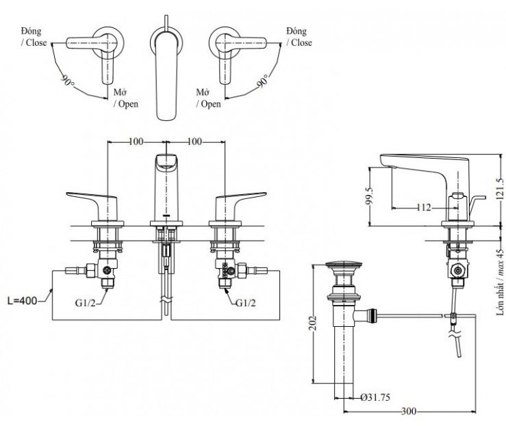 Bản vẽ vòi gắn chậu lavabo TOTO TLG03201BA#PBR đồng bóng