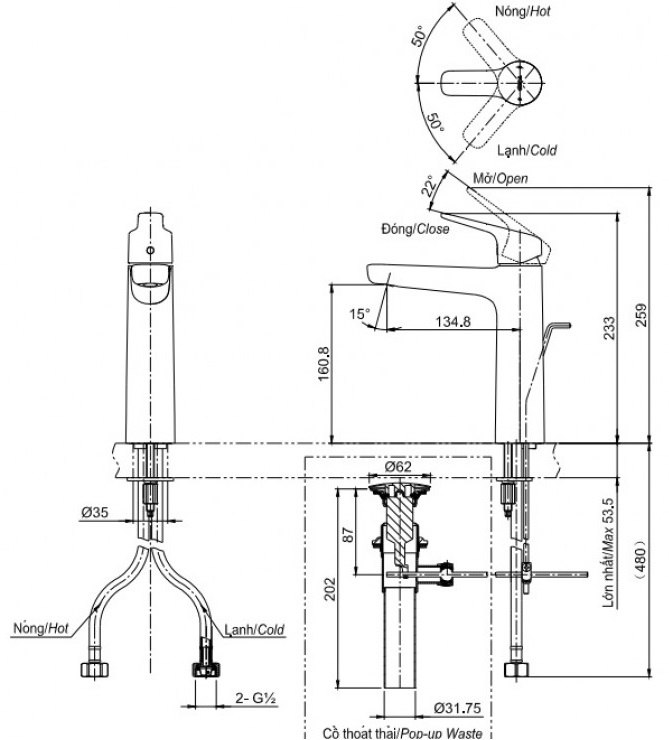 Bản vẽ kích thước vòi chậu rửa mặt TOTO TLG03303B#PFG