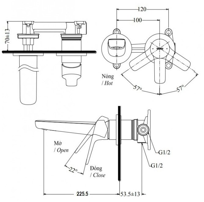 Bản vẽ vòi lavabo TLG03308BB#PFG TOTO gắn tường