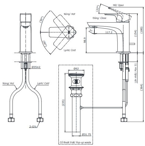 Bản vẽ kỹ thuật vòi lavabo TOTO TLG07301V