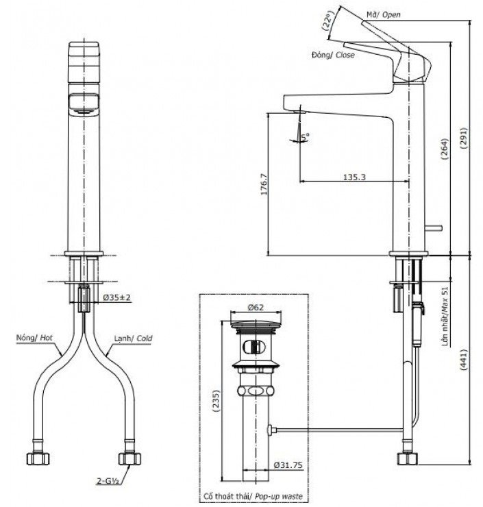 Bản vẽ kích thước vòi chậu rửa mặt TOTO TLG10303B#PFG