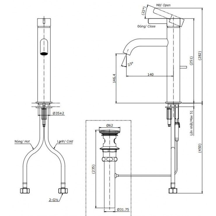 Bản vẽ kích thước vòi chậu rửa mặt TOTO TLG11303B#PN