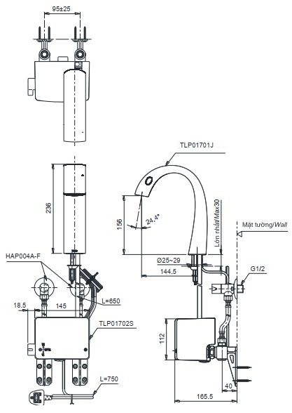 Bản vẽ vòi lavabo TOTO cảm ứng TLP01701J