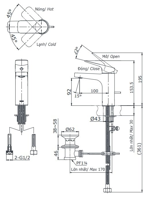 Bản vẽ vòi rửa mặt TOTO TTLR302F-1NR nóng lạnh