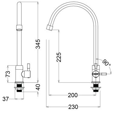 Bản vẽ kích thước vòi rửa chén Caesar K035C