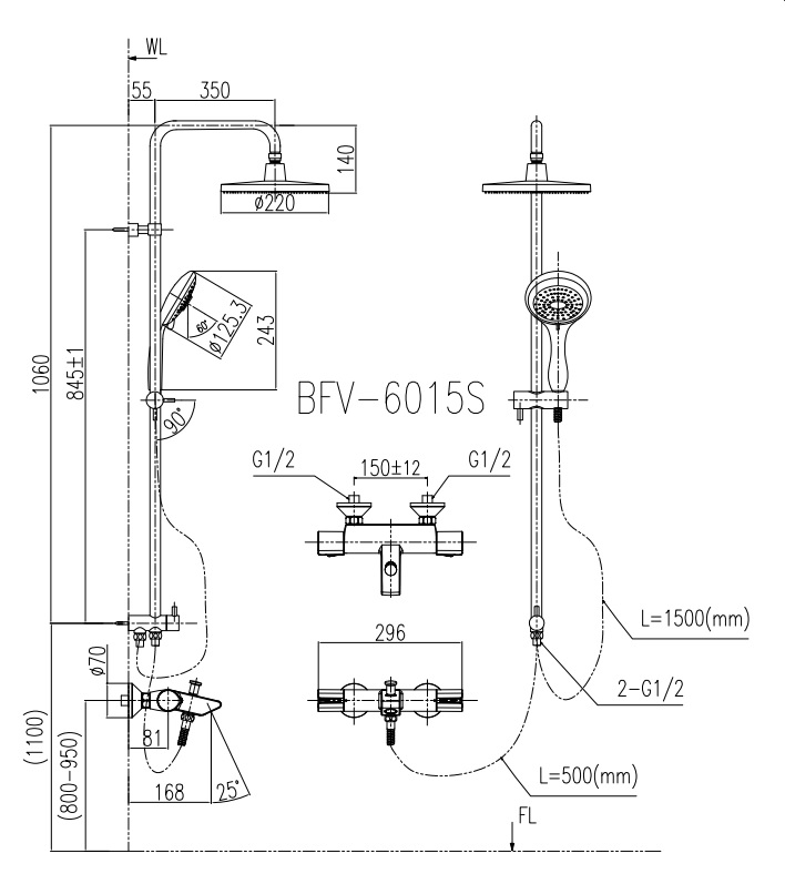 Bản vẽ vòi sen cây INAX BFV-6015S nóng lạnh