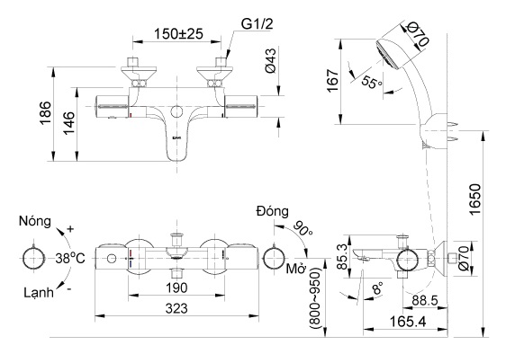 Bản vẽ vòi sen nhiệt độ INAX BFV 3413T 3C