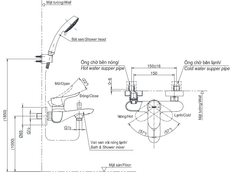 Bản vẽ kích thước vòi sen TOTO TBG01302VA