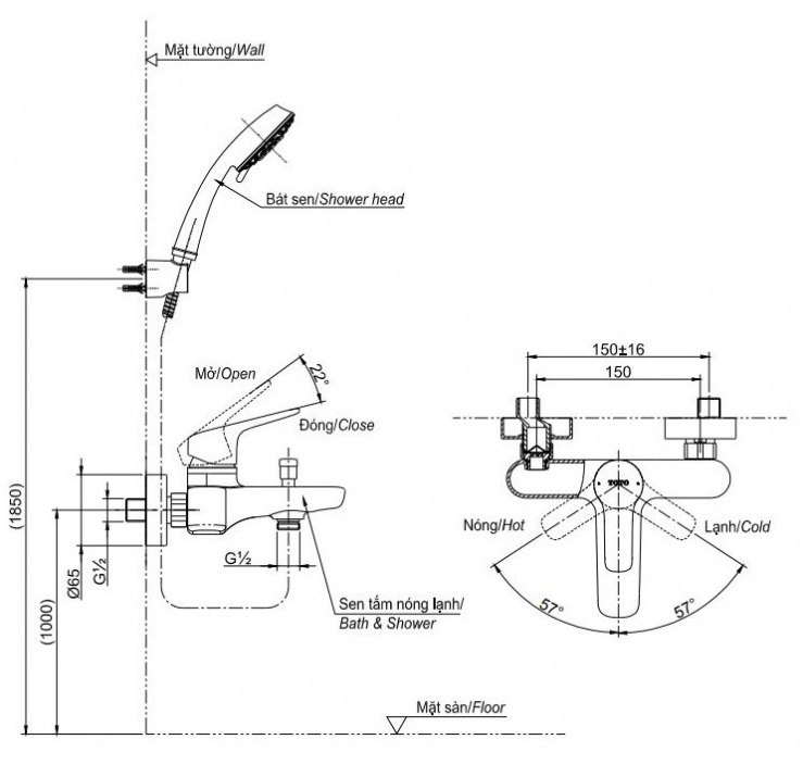 Bản vẽ kích thước vòi sen TOTO TBG04302VA