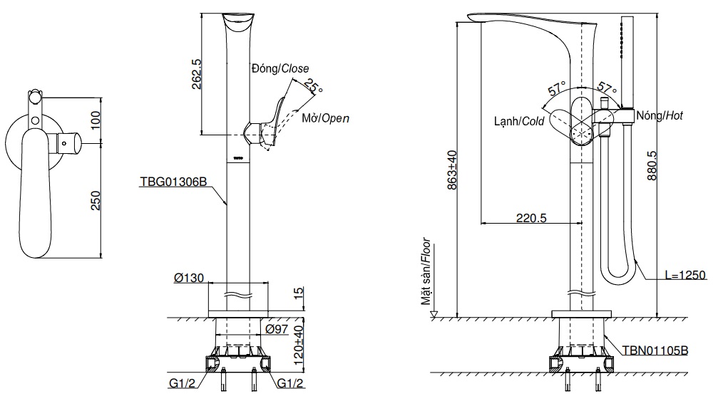 Bản vẽ vòi xả bồn TBG01306B/TBN01105B