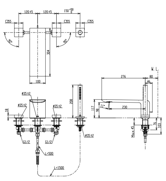 Bản vẽ sen tắm xả bồn TBP02202A có tay sen cầm tay