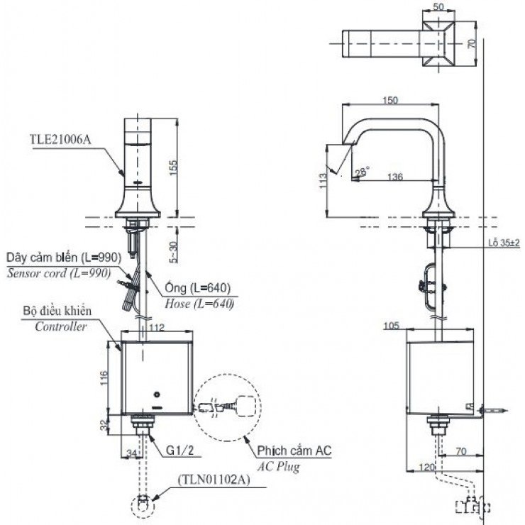 Bản vẽ kích thước vòi TOTO TLE21006A-TLE01502A1-TLN01102A 220V