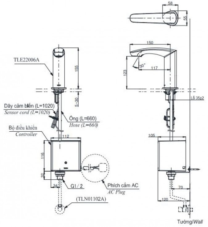 Bản vẽ kích thước vòi TOTO TLE22006A-TLE01502A1-TLN01102A 220V