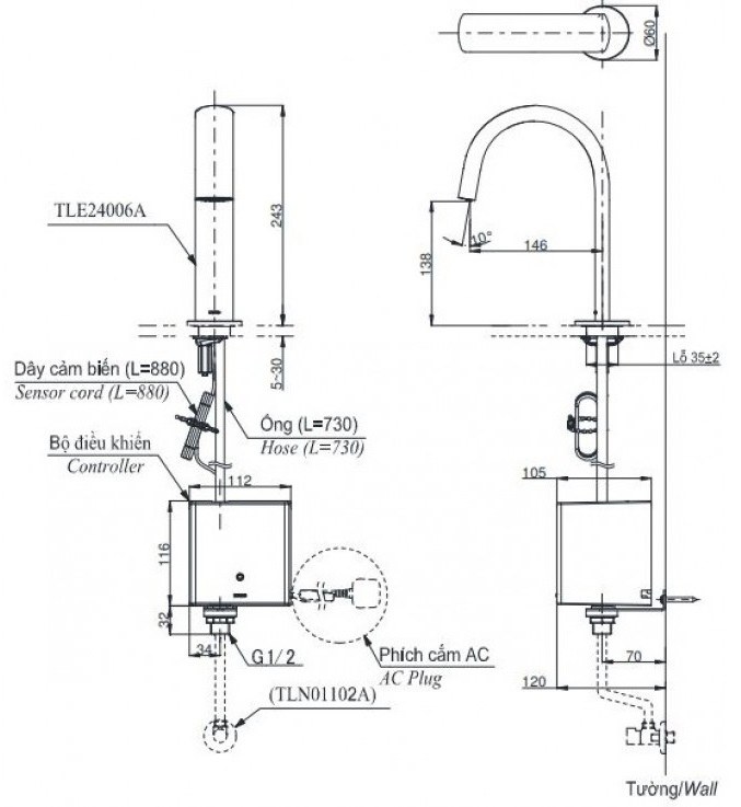 Bản vẽ kích thước vòi TOTO TLE24006A-TLE01502A1-TLN01102A 220V