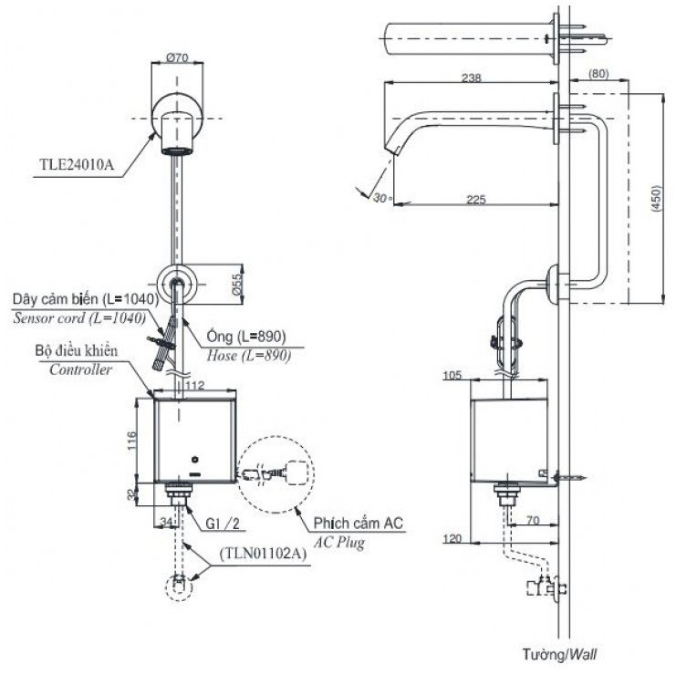 Bản vẽ vòi tự động TOTO TLE24010A+TLE01502A1+TLN01102A