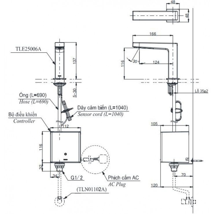 Bản vẽ kích thước vòi TOTO TLE25006A-TLE01502A1-TLN01102A 220V