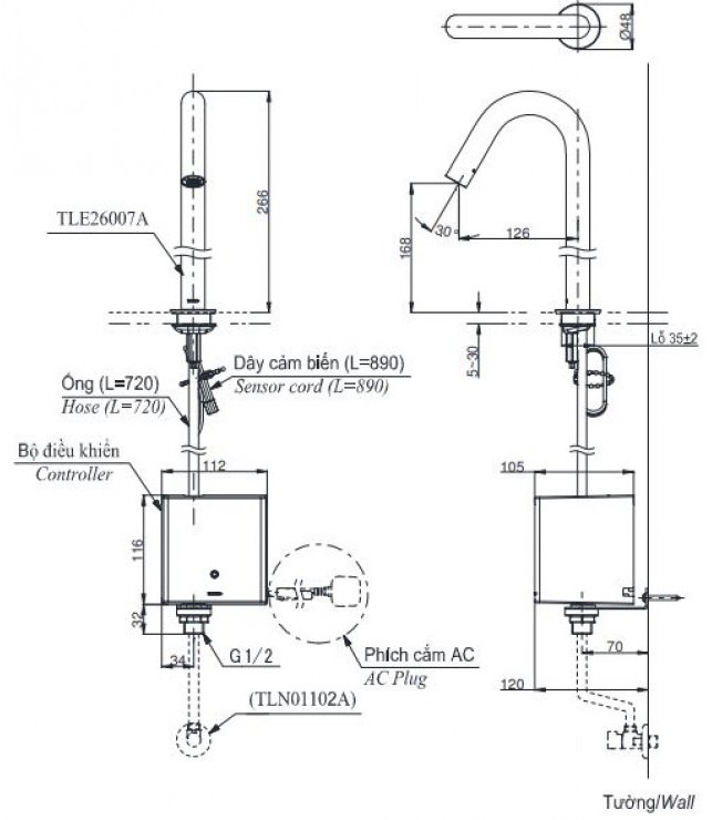 Bản vẽ vòi tự động TOTO TLE26007A TLE01502A1 TLN01102A