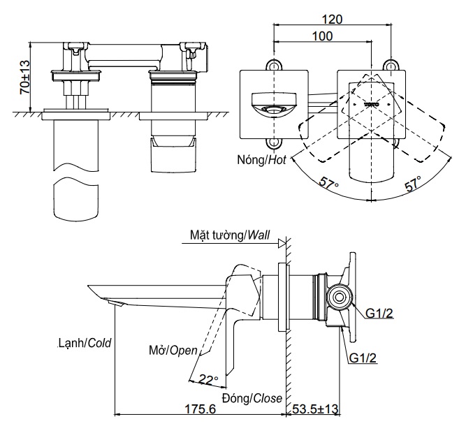 bản vẽ vòi chậu gật gù TOTO TLG02310B nóng lạnh gắn tường