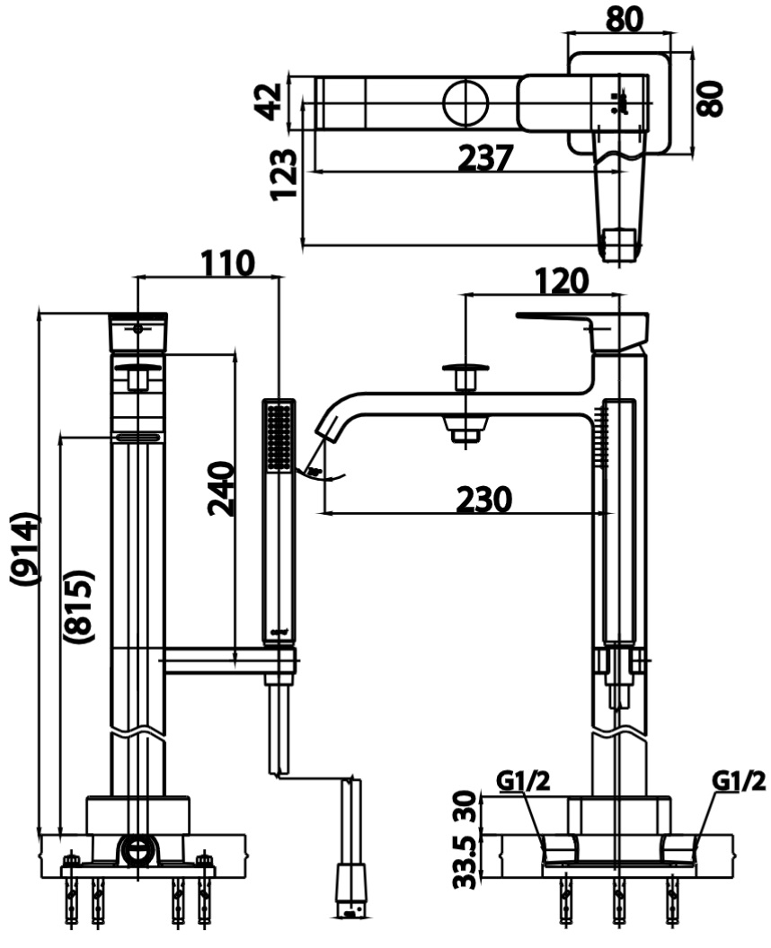 Bản vẽ vòi xả bồn tắm Cotto CT329AXZ44 đặt sàn