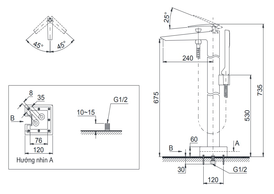 Bản vẽ vòi xả bồn tắm DM324CF TOTO