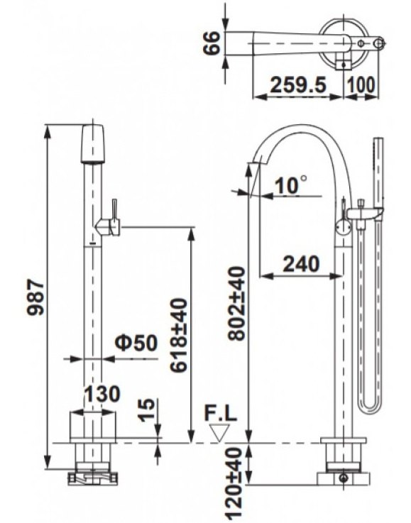 Bản vẽ kích thước vòi xả bồn tắm đặt sàn Toto TBP01301A#BN