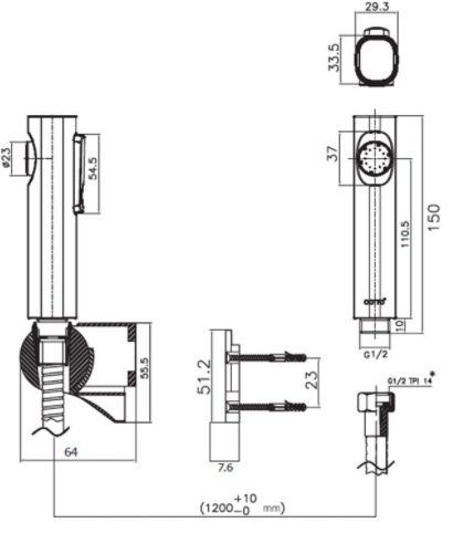 Bản vẽ kích thước vòi xịt vệ sinh CT9911-CR HM Cotto