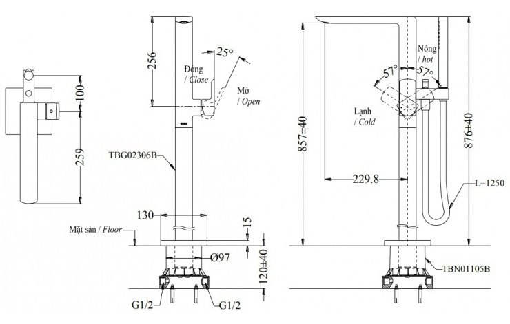 Bản vẽ kích thước vòi xả bồn TOTO TBG02306B#PFG/TBN01105B