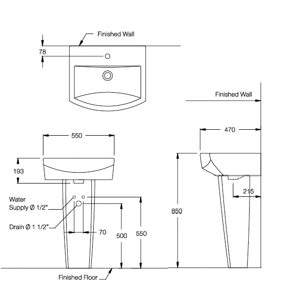 Bản vẽ kỹ thuật Chậu lavabo treo tường C01517/C4150