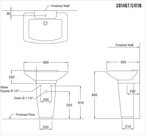 Bản vẽ kỹ thuật Chậu lavabo Cotto C01467/C4116