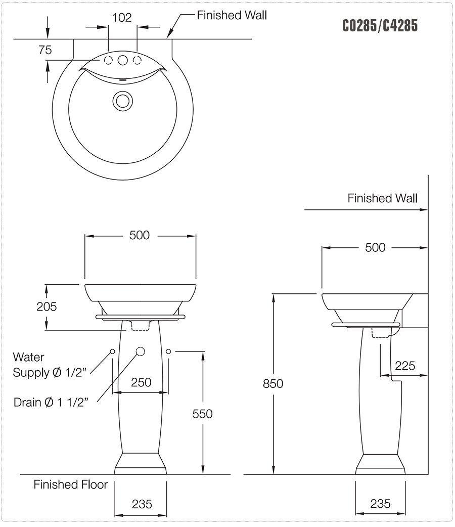 Bản vẽ kỹ thuật chậu lavabo Cotto C0285/C4285