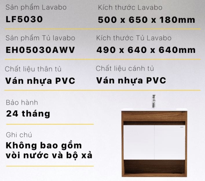 Chi tiết kích thước tủ chậu Caesar LF5030+EH05030AWV