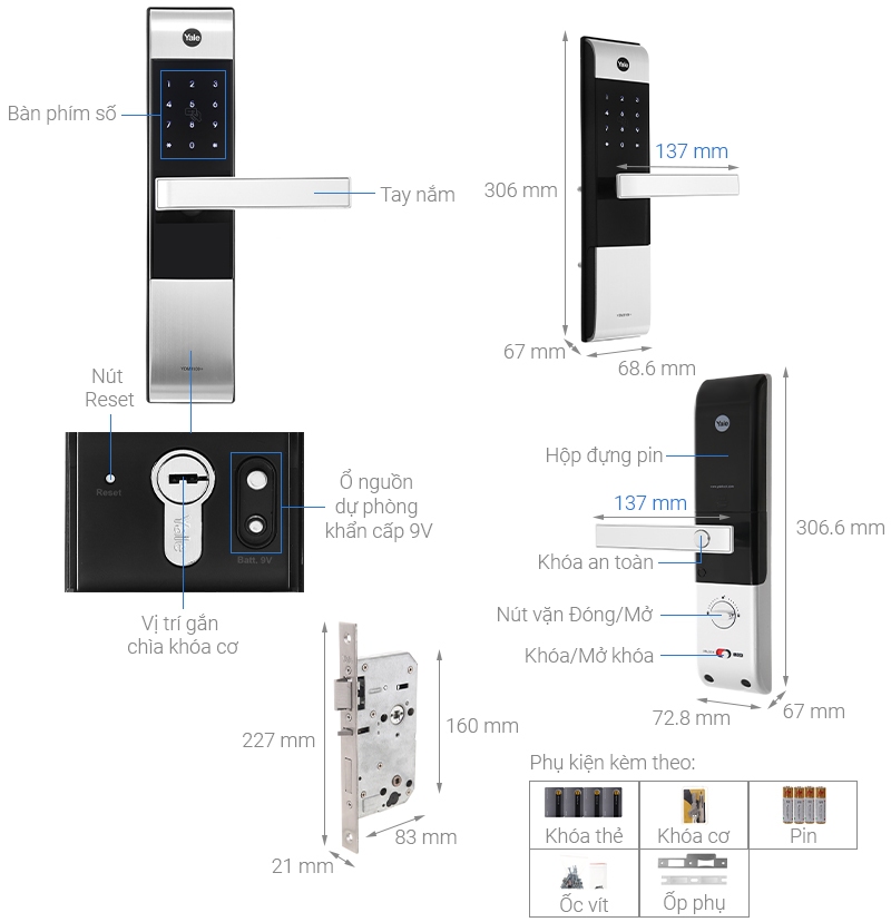 Bản vẽ kỹ thuật khóa từ Yale 3109 Silver